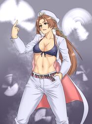  beret bra breasts brown_eyes brown_hair chain chains cleavage coat front-tie_top hat hong_meiling houtengeki jojo&#039;s_bizarre_adventure jojo_no_kimyou_na_bouken kujo_jotaro kujo_meiling kuujou_joutarou kuujou_meiling large_breasts long_hair m.u.g.e.n midriff mugen_(game) pants string_bikini touhou 