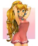  armpits arms_up blonde_hair blue_eyes blush breasts crown dress earrings gradient gradient_background hand_in_hair hands_in_hair jewelry kiro_(pixiv) large_breasts long_hair multicolored_eyes nintendo pink_background pink_dress princess_peach sideboob simple_background solo standing super_mario_bros. taut_shirt very_long_hair 