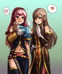  ? blue_eyes blush bow_(artist) bow_(bhp) brown_hair crossover hair_over_one_eye heart highres long_hair look-alike megurine_luka midriff mieu multiple_girls nail_polish navel open_mouth pink_hair tales_of_(series) tales_of_the_abyss tear_grants thigh-highs thighhighs vocaloid wavy_mouth 