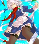  ascot bad_id hairband izayoi_sakuya knife red_eyes scarf short_hair silver_hair smile thighhighs touhou yude 