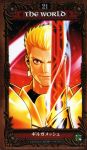  armor blonde_hair character_name drill ea_(fate/stay_night) earrings fate/stay_night fate_(series) gilgamesh highres jewelry male red_eyes scan shinkiro smile solo tarot weapon 