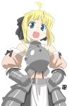  armor armored_dress bad_id blonde_hair blue_eyes dress fate/stay_night fate/unlimited_codes fate_(series) hands_on_hips highres nagian saber saber_lily simple_background solo 