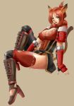  armor blue_eyes breasts cat_ears cat_tail cleavage erect_nipples final_fantasy final_fantasy_xi fingerless_gloves gloves high_heels large_breasts legs mithra nanaa_mihgo red_hair redhead shoes tail thighhighs thighs toguchi_masaya 
