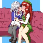  2girls black_thighhighs blue_eyes blush braid chinadress couch hand_holding hat hong_meiling izayoi_sakuya kiss maid redhead ribbons samurai_(pixiv) silver_hair thigh-highs touhou twin_braids yuri 