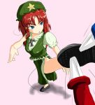  blue_eyes braid chinadress from_above hat high_kick hong_meiling kick knife long_hair redhead ribbons samurai_(kasizuki) touhou twin_braids 