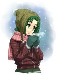  beanie breath enoshima_iki futari_wa_pretty_cure gloves green_eyes green_hair hat jacket leather_jacket leatherjacket mittens muffler precure scarf snow solo winter winter_clothes yes!_precure_5 