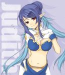  antenna_hair blue_hair breasts character_name cleavage gloves hair_bun hand_on_own_chest judith long_hair midriff pointy_ears purple_hair red_eyes smile solo tales_of_(series) tales_of_vesperia unohana_tsukasa white_gloves 