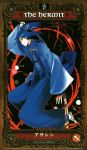  assassin_(f/sn) blue_hair fate/stay_night fate_(series) hair_ribbon haruno_tomoya highres japanese_clothes long_hair long_sleeves male ponytail ribbon sandals scan solo tarot 