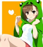  1girl animal_costume bangs brown_eyes brown_hair closed_mouth frog_costume gekota heart highres looking_at_viewer misaka_mikoto momoiro_tanuki orange_background outside_border red_shorts shirt short_hair short_shorts shorts sitting smile solo to_aru_kagaku_no_railgun to_aru_majutsu_no_index white_shirt 