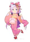  1girl :&lt; alternate_costume alternate_hairstyle bangs beads blue_eyes blunt_bangs blush bow dragon_girl dragon_horns eyebrows_visible_through_hair full_body hair_beads hair_ornament hair_ribbon half-closed_eyes highres horns japanese_clothes kanna_kamui kimono kobayashi-san_chi_no_maidragon lavender_hair looking_at_viewer low_twintails pink_kimono polka_dot polka_dot_bow ribbon simple_background solo twintails white_background wide_sleeves yong_mei-uta 