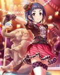  1girl animal artist_request bangs black_eyes blue_hair blunt_bangs bow bowtie card_(medium) circus elephant frills gloves hat idolmaster idolmaster_cinderella_girls lights looking_at_viewer mini_hat official_art okazaki_yasuha outstretched_arms puffy_short_sleeves puffy_sleeves short_hair short_sleeves skirt smile solo spread_arms 