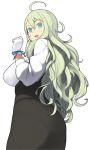  1girl @_@ accho_(macchonburike) ahoge blue_eyes breasts from_behind gloves green_hair huge_breasts long_hair looking_at_viewer looking_back open_mouth original pantylines simple_background solo underbust uneri_spirala very_long_hair wavy_hair white_background white_gloves 