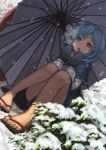  1girl berabou blue_eyes blue_hair breath full_body geta hands heterochromia highres karakasa_obake open_mouth red_eyes sitting snow snowing solo tatara_kogasa tongue touhou umbrella warming_hands 