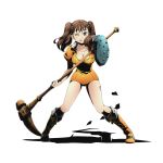  1girl boots breasts brown_eyes brown_hair cleavage collarbone diane_(nanatsu_no_taizai) divine_gate full_body holding holding_weapon long_hair looking_at_viewer nanatsu_no_taizai official_art one_eye_closed orange_boots orange_leotard shadow solo standing transparent_background twintails ucmm warhammer weapon 