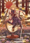  1girl berabou black_legwear blonde_hair earmuffs full_body highres lily_pad obi pointy_hair purple_skirt ritual_baton sash shoes sitting skirt solo touhou toyosatomimi_no_miko wide_sleeves yellow_eyes yellow_shoes 