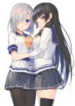  2girls :3 :o black_hair black_legwear blue_eyes blunt_bangs breasts eyebrows eyebrows_visible_through_hair gloves hair_over_one_eye hairclip hamakaze_(kantai_collection) isokaze_(kantai_collection) kantai_collection long_hair looking_at_viewer medium_breasts multiple_girls nanotaro neck_ribbon open_mouth pantyhose red_eyes school_uniform short_hair silver_hair simple_background single_thighhigh skirt smile thigh-highs uniform white_background white_gloves 