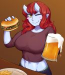  1girl abs beer_mug blue_skin blush_stickers breasts brown_background brown_shirt food french_fries hamburger highres ittla large_breasts long_hair monster_girl navel one_eye_closed oni original pants plate redhead shirt slit_pupils smile yellow_eyes 