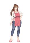  1girl animal_slippers apron breasts brown_hair bunny_slippers collarbone denim full_body furrowed_eyebrows halterneck hand_on_hip high_ponytail highres jeans large_breasts long_hair looking_at_viewer midriff mole mole_under_mouth no_socks pants parted_lips red_eyes scowl simple_background sleeves_past_elbows slippers solo transparent_background white_background 