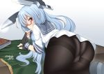  black_legwear crotch_seam dated finger_in_mouth fingerless_gloves glasses gloves highres kantai_collection long_hair looking_back murakumo_(kantai_collection) nebu_soku orange_eyes panties pantyhose pantyshot thighband_pantyhose twitter_username underwear white_hair 