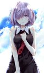  1girl black_dress blush breasts clouds dress fate/grand_order fate_(series) hair_over_one_eye highres light_smile looking_at_viewer mishin_(mbmnk) necktie purple_hair shielder_(fate/grand_order) short_hair solo violet_eyes 