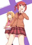  2girls :3 ahoge bat_hair_ornament blonde_hair blush bushinofuji fang gabriel_dropout hair_ornament hair_rings hands_in_pockets highres kurumizawa_satanichia_mcdowell long_hair looking_at_another looking_at_viewer multiple_girls red_eyes red_skirt redhead school_uniform short_hair skirt tenma_gabriel_white violet_eyes 