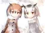  2girls brown_eyes brown_hair buttons coat cowboy_shot eurasian_eagle_owl_(kemono_friends) eyebrows_visible_through_hair fur_trim hair_between_eyes head_wings highres kemono_friends long_sleeves looking_at_viewer minust multicolored_hair multiple_girls northern_white-faced_owl_(kemono_friends) short_hair silver_hair simple_background standing 