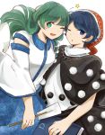  2girls ;d ;o blue_eyes blue_hair blush book detached_sleeves doremy_sweet frog_hair_ornament green_eyes green_hair hair_ornament hair_tubes hat kochiya_sanae long_hair looking_at_viewer multiple_girls nightcap one_eye_closed open_mouth pom_pom_(clothes) short_hair smile snake_hair_ornament star star-shaped_pupils symbol-shaped_pupils tama_(hiroshige_36) touhou 