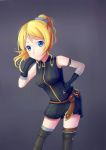  1girl absurdres alternate_costume armband ayase_eli belt black_gloves blonde_hair blue_eyes boots breasts elbow_gloves fingerless_gloves gloves grey_background hand_on_hip highres looking_at_viewer love_live! love_live!_school_idol_project medium_breasts pouch raised_eyebrows shano_dongxi smile solo thigh-highs thigh_boots thighs 