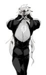  1boy ass dark_skin faceless fate/apocrypha fate_(series) from_behind long_hair male_focus mine_(odasol) monochrome saber_of_black simple_background white_background white_hair 