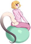  1girl :o ass_cutout blonde_hair butt_crack cyclops highres ittla looking_back monster_girl one-eyed original pink_sweater short_hair sweater tail violet_eyes 