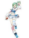  1girl aqua_eyes aqua_hair arms_up asymmetrical_hair blue_nails choker earrings full_body genzoman hair_ornament jewelry legs long_hair lucia_(pokemon) midriff nail_polish navel open_mouth poke_ball pokemon pokemon_(game) pokemon_oras shorts showgirl_skirt single_thighhigh solo thigh-highs v 