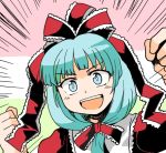  1girl aqua_eyes bow clenched_hands commentary_request dress emphasis_lines frilled_dress frills green_hair hair_bow hair_ribbon hands_up hinamatsuri kagiyama_hina lace long_hair open_mouth red_dress ribbon smile solo tako_(plastic_protein) touhou upper_body 