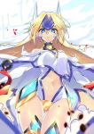  1girl bangs bare_shoulders blazblue blonde_hair blue_eyes breasts closed_mouth cowboy_shot crotch_plate detached_sleeves floating_hair from_below gluteal_fold headgear leotard long_hair long_sleeves looking_at_viewer looking_down medium_breasts minoru mu-12 navel outstretched_arms parted_bangs solo spread_arms stomach thigh-highs turtleneck 