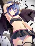  1girl black_feathers black_gloves black_skirt black_wings blue_hair blush breasts demon_girl demon_wings feathers gabriel_dropout gloves hair_ornament highres liya long_hair looking_at_viewer miniskirt navel panties pantyshot short_hair skirt small_breasts smile solo soo thigh_strap tsukinose_vignette_april underwear violet_eyes white_panties wings x_hair_ornament 