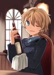  1girl blonde_hair blue_eyes bottle brave_witches looking_at_viewer military military_uniform one_eye_closed open_mouth short_hair solo tsuchii_(ramakifrau) uniform waltrud_krupinski wine_bottle world_witches_series 