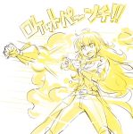  1girl alternate_costume blonde_hair breasts cleavage color_connection commentary_request iesupa long_hair prosthesis prosthetic_arm rocket_punch rwby smoke solo translation_request yang_xiao_long 