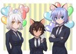  1boy 2girls animal_ears blue_eyes breasts brown_hair butler cat_ears formal gloves ledo_vassar multiple_girls necktie pop-up_story rita_drake short_hair silver_hair suit suzuna_isurugi white_gloves white_hair wolf_ears yellow_eyes 