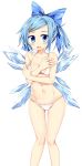  1girl bikini blue_bow blue_eyes blue_hair blush bow breasts cirno collarbone covering covering_breasts hair_bow hair_ornament hairclip highres ice ice_wings knees_together_feet_apart looking_at_viewer maturiuta_sorato medium_breasts side_ponytail simple_background solo standing swimsuit touhou white_background white_bikini wings 