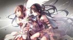  2girls asuna_(sao) bare_shoulders black_hair brown_eyes brown_hair detached_sleeves fingerless_gloves gloves grey_background highres long_hair multiple_girls open_mouth pointy_ears red_eyes saraki sword sword_art_online weapon yuuki_(sao) 