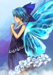  1girl adapted_costume bare_shoulders berabou blue_eyes blue_hair bow cirno closed_mouth dress frills from_side hair_bow highres ice ice_wings profile short_hair sleeveless solo sparkle touhou wings 