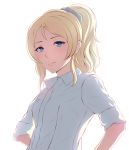  1girl ayase_eli backlighting blonde_hair blue_eyes collared_shirt highres light_smile long_hair long_hairsmile looking_at_viewer love_live! love_live!_school_idol_project miura-n315 ponytail shirt simple_background sleeves_folded_up solo upper_body white_background 
