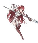  1girl armor belt boots breastplate breasts dress elbow_gloves fire_emblem fire_emblem:_kakusei fire_emblem_heroes garter_straps gauntlets gloves hair_ornament highres holding holding_weapon long_hair medium_breasts official_art open_mouth polearm red_eyes redhead short_dress skirt solo spear thigh-highs cordelia_(fire_emblem) transparent_background ueda_yumehito weapon 