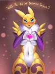  1girl blue_eyes blue_sclera breasts detached_sleeves digimon digimon_tamers doom_x_wolf eyelashes female fur furry heart heart_hands highres large_breasts looking_at_viewer navel no_pussy renamon snout solo thigh_gap thighs under_boob valentine yin_yang 