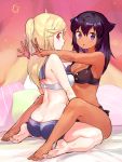  2girls a_k_o bare_shoulders bikini black_hair blonde_hair dark_skin long_hair looking_at_viewer looking_back multiple_girls one_side_up original pillow red_eyes sailor_bikini sailor_collar sitting sitting_on_person straddling swimsuit violet_eyes wariza yuri 