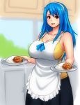  1girl apron bare_shoulders black_skirt blue_hair breasts chemise cleavage collarbone cowboy_shot curry curry_rice erkaz food hairband holding holding_plate huge_breasts kitchen long_hair looking_at_viewer mature older original plate plump red_eyes rice rina_atherina skirt smile solo 