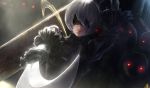  1girl black_dress blindfold breasts cleavage dark_background dress highres mole mole_under_mouth nier_(series) nier_automata rimu_niku silver_hair solo sword upper_body weapon weapon_on_back yorha_no._2_type_b 