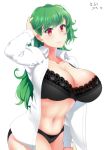  1girl black_bra black_panties bra breasts cleavage commentary_request green_hair hand_in_hair kazami_yuuka kazami_yuuka_(pc-98) large_breasts long_hair long_sleeves looking_at_viewer mattari_yufi navel open_clothes open_shirt panties red_eyes shadow shirt smile solo touhou translation_request underwear upper_body white_background white_shirt 