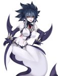  &gt;:d 1girl :d bare_shoulders black_gloves black_sclera blue_hair breasts elbow_gloves eyebrows_visible_through_hair facial_mark fins gills gloves gradient_hair hair_between_eyes head_fins highres large_breasts looking_at_viewer mermaid mershark_(monster_girl_encyclopedia) monster_girl monster_girl_encyclopedia multicolored_hair navel open_mouth shark_girl sharp_teeth sidelocks simple_background slit_pupils smile solo spiky_hair stomach teeth teru_(renkyu) white_background yellow_eyes 