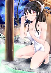  1girl absurdres ayakase_hotaru bath black_hair brown_eyes covering fence full_body hair_between_eyes hair_up haruna_(kantai_collection) highres kantai_collection kneeling long_hair looking_at_viewer naked_towel night onsen outdoors rock smile snow snowing towel towel_on_head water wooden_fence 