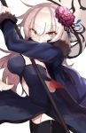  1girl absurdres bangs black_dress black_legwear blonde_hair breasts cleavage covered_mouth dress eyebrows_visible_through_hair fate/grand_order fate_(series) flower fur_coat hair_flower hair_ornament highres holding_flag jeanne_alter large_breasts long_hair looking_at_viewer purple_flower ranf ruler_(fate/apocrypha) simple_background solo standard_bearer thigh-highs white_background yellow_eyes 
